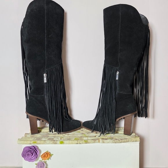 Jessica Simpson Shoes - Jessica Simpson Asire Black Suede Fringe Knee High Boots 7.5 Block Heel Western